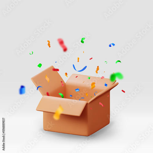 3d opened cardboard box with color confetti isolated. Render open package with colorful confetti explosion icon. Concept of surprise, birthday, sale, coupon, shipping and delivery. Vector illustration