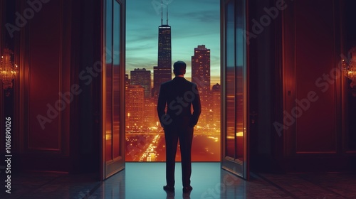 Silhouette man city skyline view, elegant room, evening lights