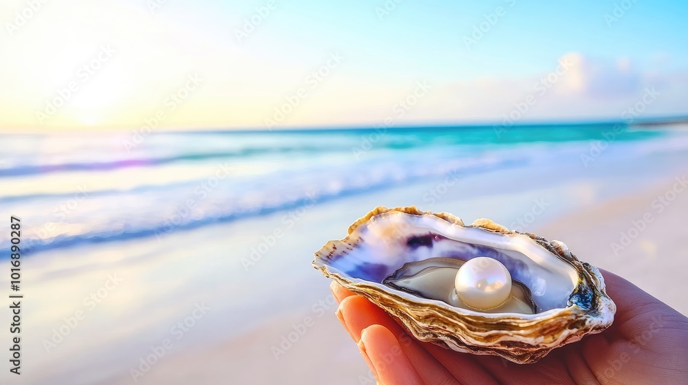 Pearl in Oyster Shell on a Serene Beach at Sunset Pearl in Oyster Shell on a Serene Beach at Sunset