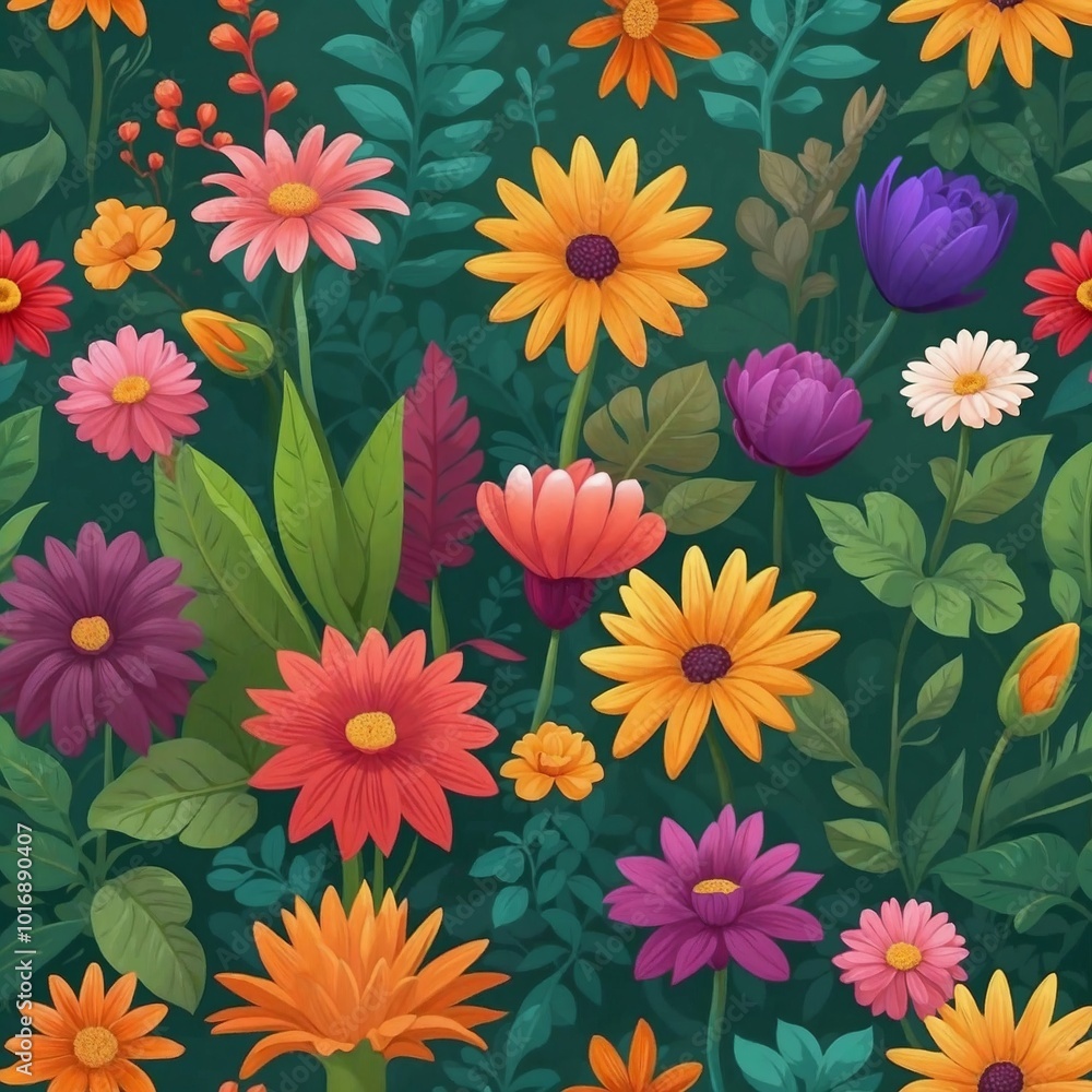 The image is a digital illustration of a variety of colorful flowers and plants The image is a digital illustration of a variety of colorful flowers and plants