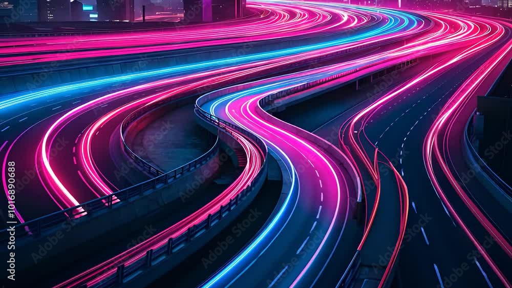 Curving Highway with Neon Light Trails at Night Curving Highway with Neon Light Trails at Night