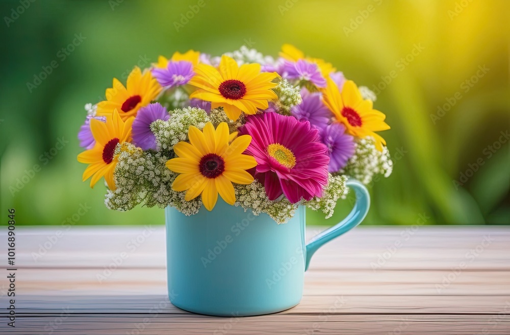 A charming flower composition of pink and white daisies, beautifully presented in a light blue cup against a soft-focus outdoor background, evoke a sense of freshness and tranquility. A charming flower composition of pink and white daisies, beautifully presented in a light blue cup against a soft-focus outdoor background, evoke a sense of freshness and tranquility.