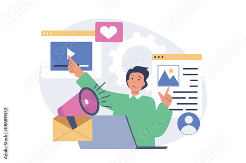 Social media concept in modern flat design for web. Man posting new photos and videos, promoting his blog with marketing tools, attracting new followers, sharing information. Vector illustration.