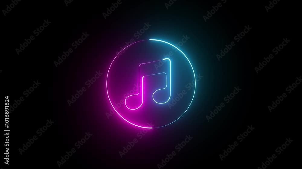 Glowing neon line musical note icon on black background. Music symbol neon color reveal and glowing loop effect animation. Glowing neon line musical note icon on black background. Music symbol neon color reveal and glowing loop effect animation.