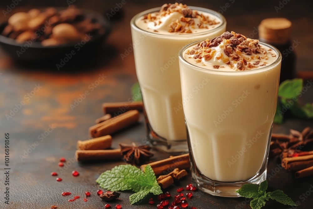 Two eggnog milkshakes topped with whipped cream and nuts on a table with spices Two eggnog milkshakes topped with whipped cream and nuts on a table with spices