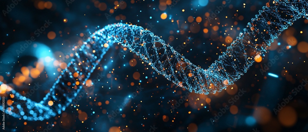 A Double Helix of Glowing Blue Particles with Orange and Blue Bokeh in the Background A Double Helix of Glowing Blue Particles with Orange and Blue Bokeh in the Background