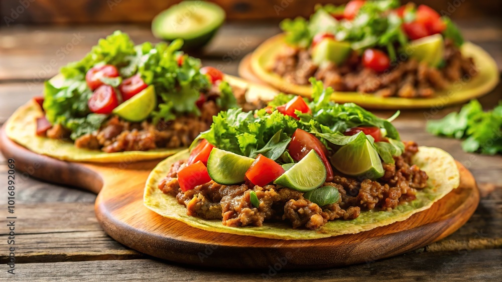 Mexican-inspired dish of tostadas topped with ground beef, guacamole, and lettuce on a plate Mexican-inspired dish of tostadas topped with ground beef, guacamole, and lettuce on a plate