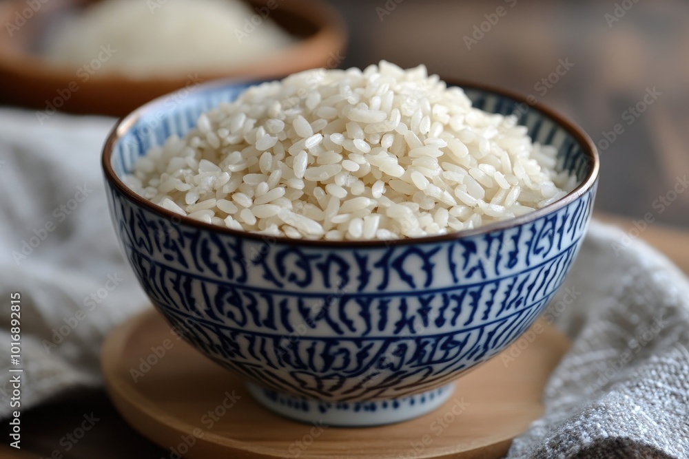Steamed rice sitting in blue and white bowl Steamed rice sitting in blue and white bowl