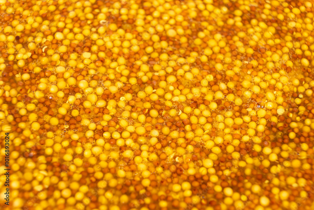 French Dijon mustard background, close-up, top view. French Dijon mustard background, close-up, top view.