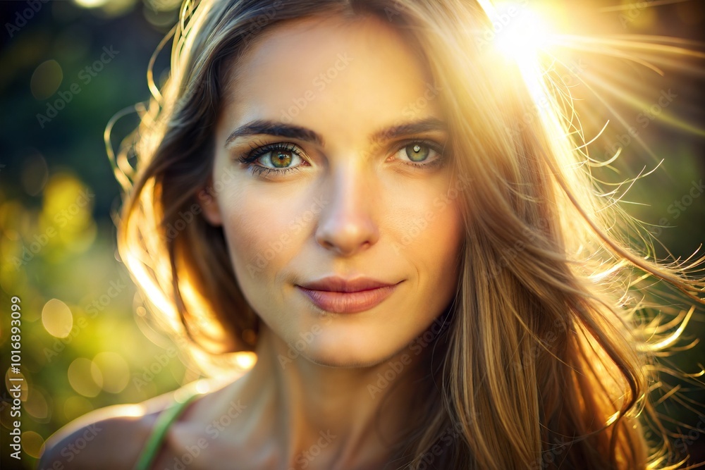 Blonde woman smiling in golden sunlight radiant expression Blonde woman smiling in golden sunlight radiant expression