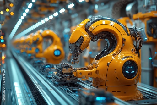 futuristic car assembly line robotic arms precisely placing components conveyor belts weaving through hightech factory bluetinted lighting human supervisors at control panels photo