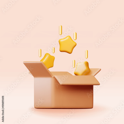 3d open carton box with sparkling stars isolated. Render cardboard parcel box with golden star. Loyalty program, quality product shipping, order delivery rating, premium logistics. Vector illustration