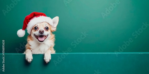 A dog  wearing a Santa hat, peeking over the edge of a green background and holding the side of a billboard with its two front legs only, christmas card banner wallpaper, copy space for text photo