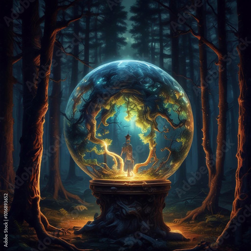 Realistic illustration of glowing wizzard globe in spooky forest. photo