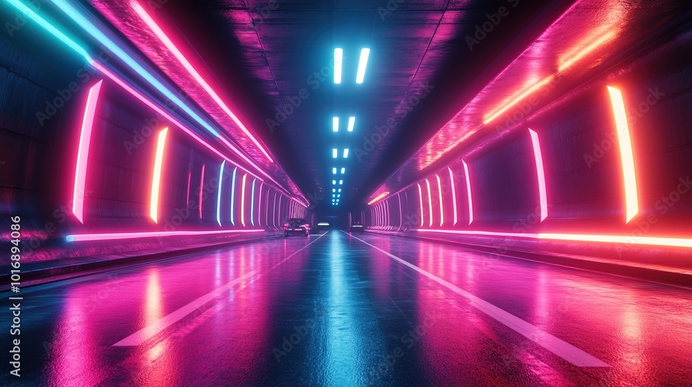 Futuristic light tunnel filled with vibrant colors and car motion blur Futuristic light tunnel filled with vibrant colors and car motion blur