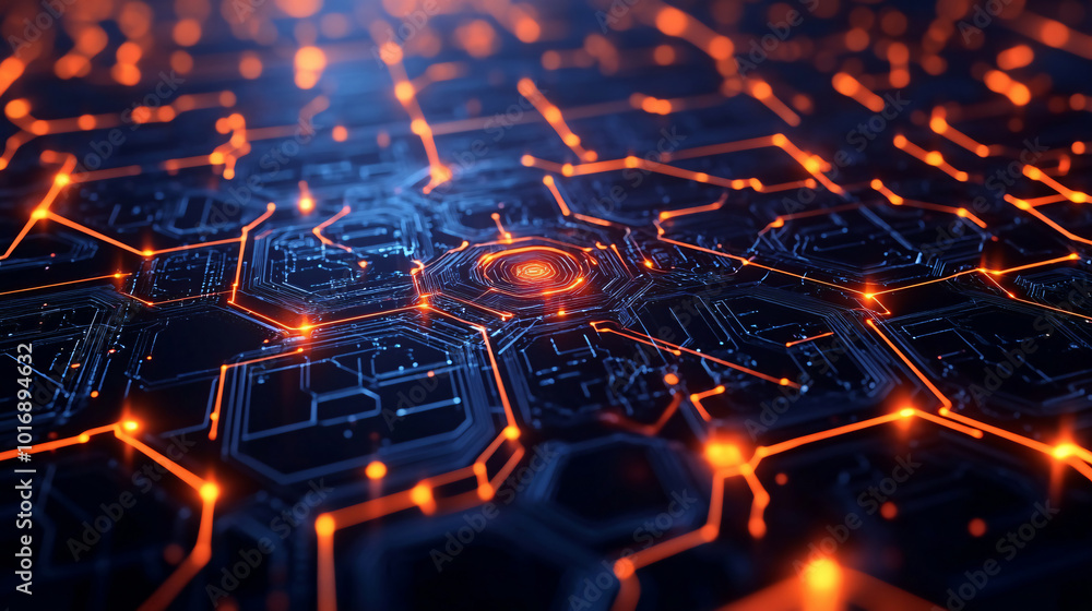 Futuristic representation of a circuit board with glowing orange lines, symbolizing modern technology, data flow, and electronic connectivity. Futuristic representation of a circuit board with glowing orange lines, symbolizing modern technology, data flow, and electronic connectivity.