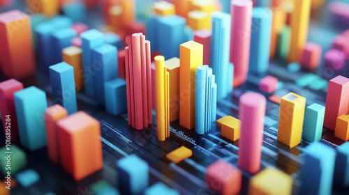 Vibrant and colorful 3D data visualization, with block-like structures representing various data points and trends in a modern digital setting.