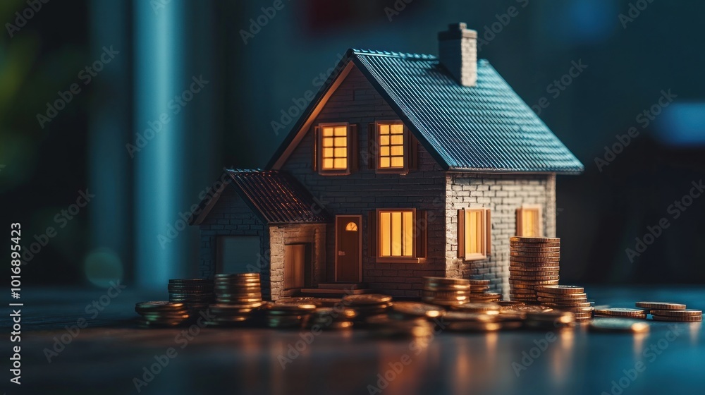 A miniature house surrounded by coins, symbolizing real estate investment and wealth.