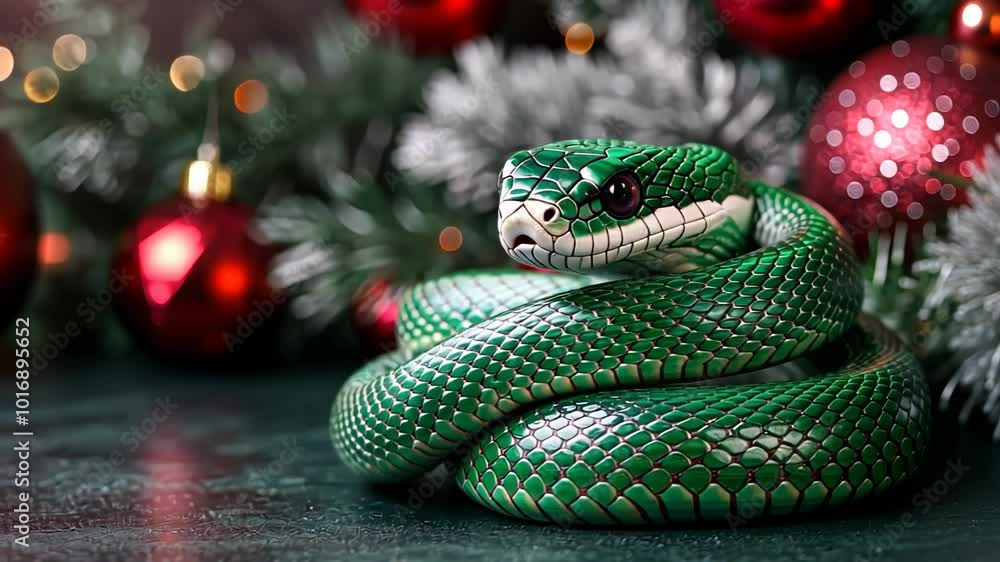A green snake coiled among festive decorations during the holiday season in a cozy setting for the new year 2025 A green snake coiled among festive decorations during the holiday season in a cozy setting for the new year 2025