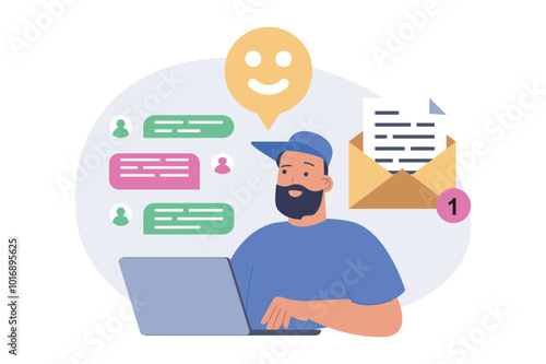 Social network concept in modern flat design for web. Man connecting online with global friends, chatting and leaving comments and reactions at forums, sending emails by laptop. Vector illustration.