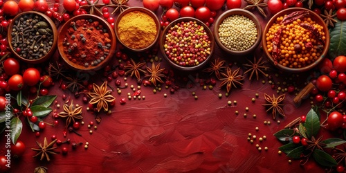 Fototapeta Naklejka Na Ścianę i Meble -  Vibrant spices and herbs arranged on a red background for culinary and cooking concepts.