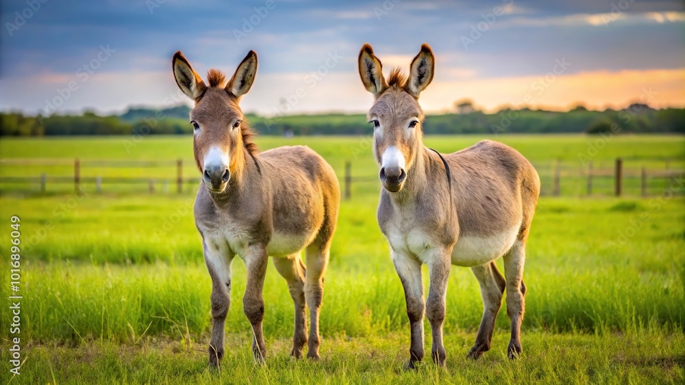 Mini donkeys in Texas farm field with copy space Mini donkeys in Texas farm field with copy space