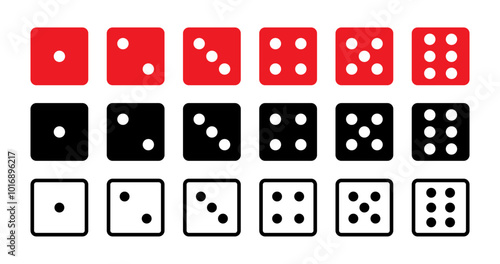 Casino dice set in black, red and white color, dice collection. Game dice set. One to six. Traditional game dice marked with different numbers of dots. Vector icons