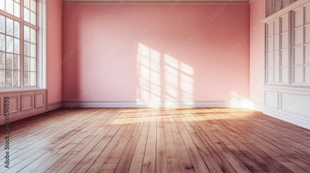 Empty pink room with wooden floor and window, sunlight streaming in, minimalistic interior design Empty pink room with wooden floor and window, sunlight streaming in, minimalistic interior design