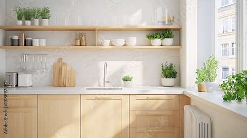 Bright Scandinavian kitchen showcasing light wood elements and a minimalist design, featuring elegant shelves adorned with plants and homeware for a fresh ambiance.