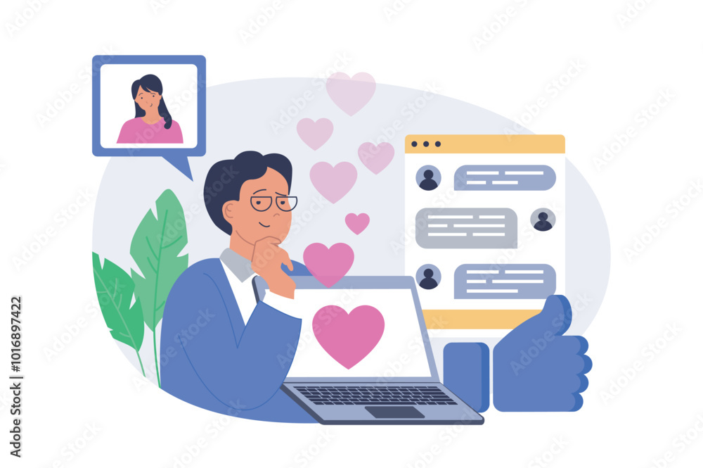 Social network concept in modern flat design for web. Man and woman communicating online in date app, sending romantic messages in chat and flirting, contacting by internet. Vector illustration. Social network concept in modern flat design for web. Man and woman communicating online in date app, sending romantic messages in chat and flirting, contacting by internet. Vector illustration.
