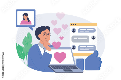 Social network concept in modern flat design for web. Man and woman communicating online in date app, sending romantic messages in chat and flirting, contacting by internet. Vector illustration.
