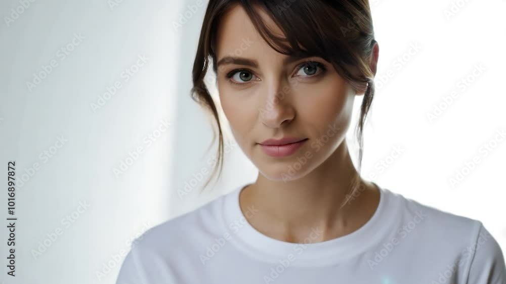Brunette woman with brown eyes showcases a variety of facial expressions, subtly shifting her look in each frame while maintaining a natural and confident demeanor against a white background