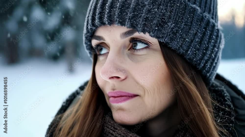 Smiling woman enjoys snowfall in a winter forest, with snow gently landing on her face and warm clothing. The scene captures a peaceful moment amidst nature's beauty Smiling woman enjoys snowfall in a winter forest, with snow gently landing on her face and warm clothing. The scene captures a peaceful moment amidst nature's beauty