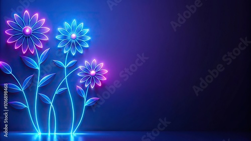 Fototapeta Naklejka Na Ścianę i Meble -  Minimalist abstract blue background with neon flowers
