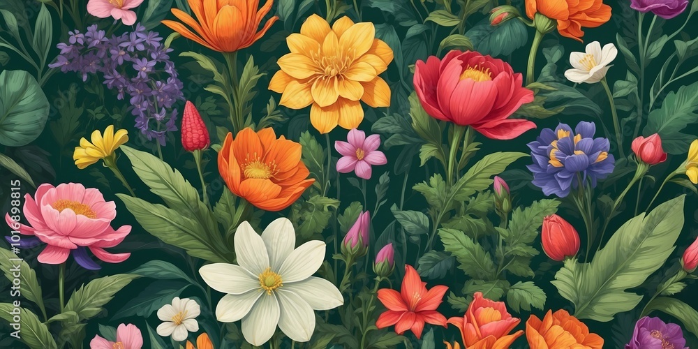 Fototapeta premium The image is a digital illustration of a variety of colorful flowers and plants