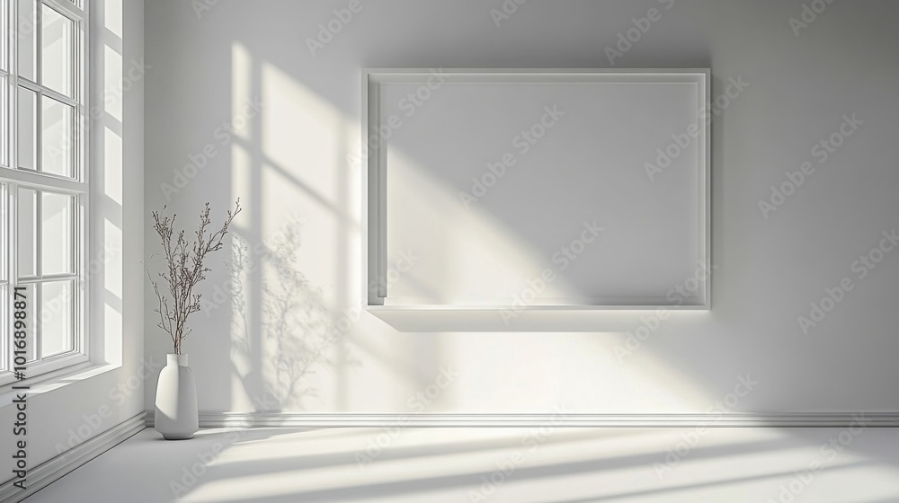 Fototapeta premium Minimalist white room with sunlight casting shadows on empty picture frame