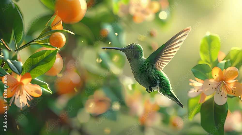 Fototapeta premium green bird over orange fruit generated AI