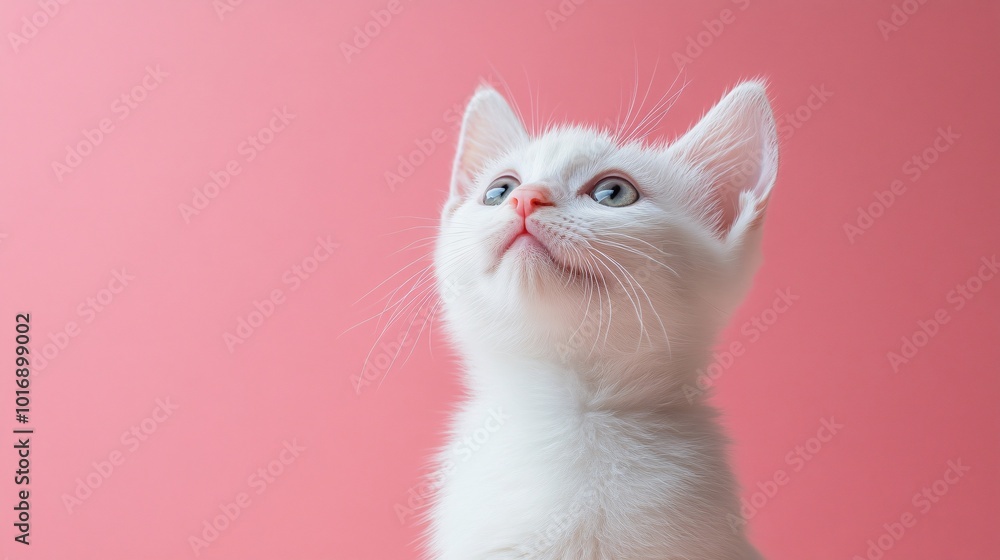 Obraz premium Adorable White Kitten with Blue Eyes Against a Soft Pink Background Looking Upward in Curiosity and Wonder