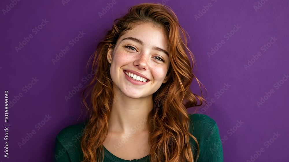 A young woman with long, wavy hair smiles at the camera in front of a purple background A young woman with long, wavy hair smiles at the camera in front of a purple background
