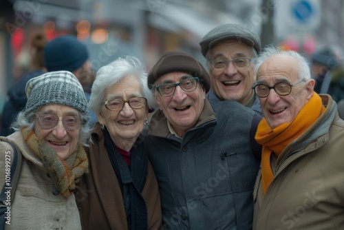 Group of senior people on the street in the city. Selective focus.