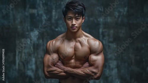 Strong asian man showing biceps muscles