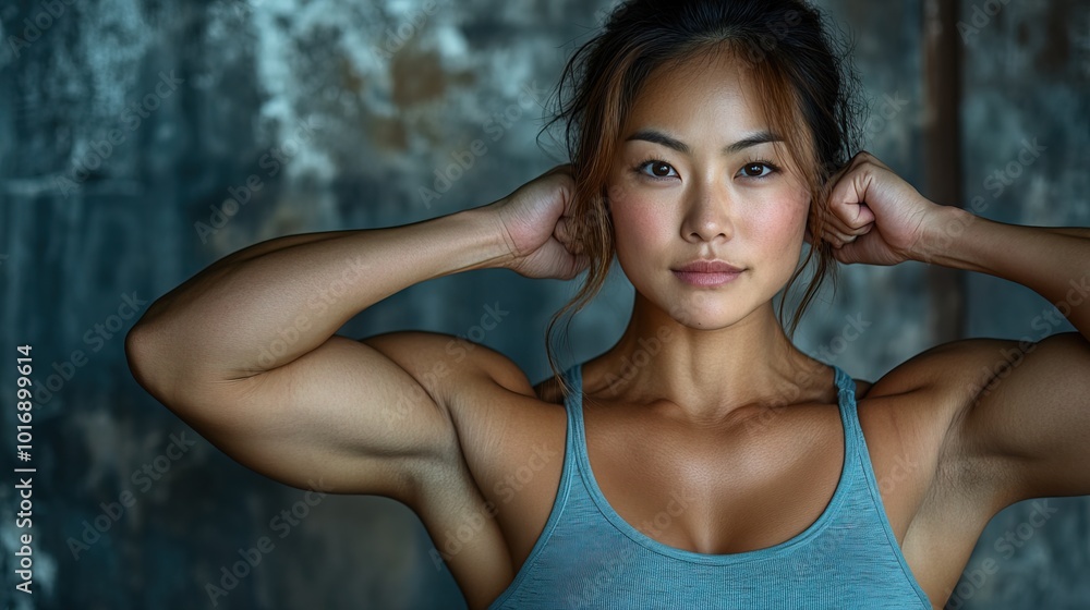 Strong asian woman showing biceps muscles Strong asian woman showing biceps muscles