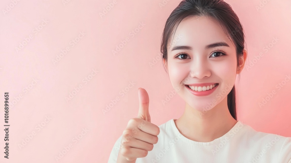 Portrait happy Asian woman shows thumb up and looking at the camera on soft color background, with copy space Portrait happy Asian woman shows thumb up and looking at the camera on soft color background, with copy space