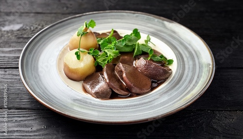 Deer heart with pickled young apples, forest mushrooms à la crème and wood sorrel