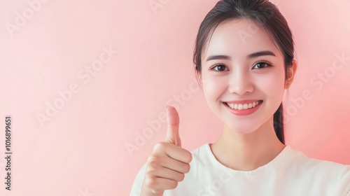 Portrait happy Asian woman shows thumb up and looking at the camera on soft color background, with copy space