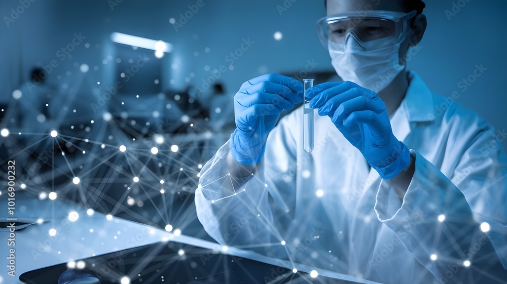 Scientist Examining Test Tube in Lab with Network Overlay Scientist Examining Test Tube in Lab with Network Overlay