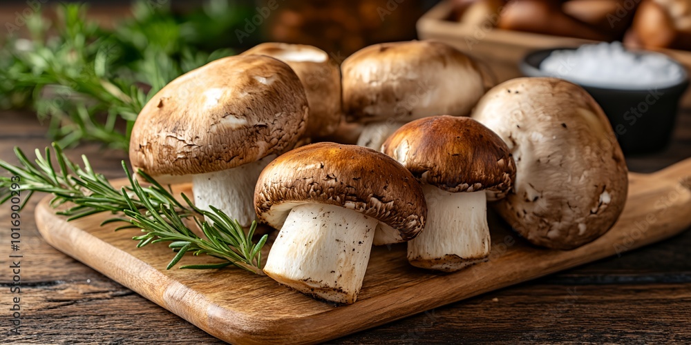A wooden cutting board with mushrooms on it. The mushrooms are brown and white. The mushrooms are arranged in a row A wooden cutting board with mushrooms on it. The mushrooms are brown and white. The mushrooms are arranged in a row