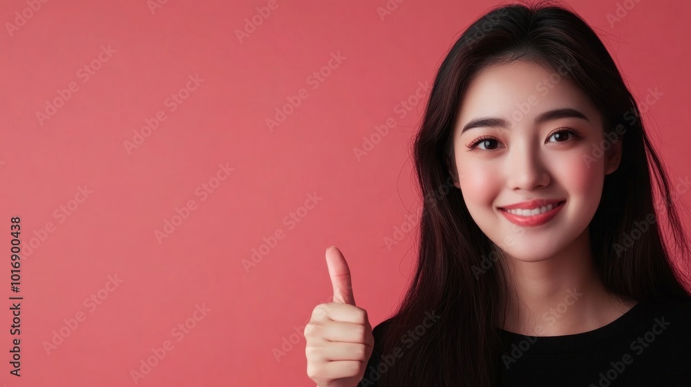 Portrait happy Asian woman shows thumb up and looking at the camera on soft color background, with copy space Portrait happy Asian woman shows thumb up and looking at the camera on soft color background, with copy space