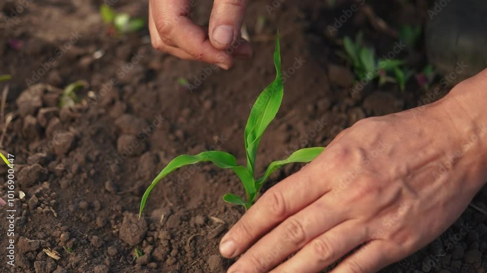 The farmer plants corn sprouts in his field. agriculture a business farm concept. lifestyle Hand plants corn sprout. farmers hand inspects and strokes green corn sprout close-up examining seedlings The farmer plants corn sprouts in his field. agriculture a business farm concept. lifestyle Hand plants corn sprout. farmers hand inspects and strokes green corn sprout close-up examining seedlings
