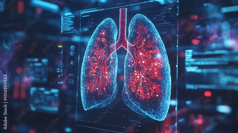 Obraz premium Futuristic Digital Visualization of Human Lungs with Data Interface in a High-Tech Medical Research Environment
